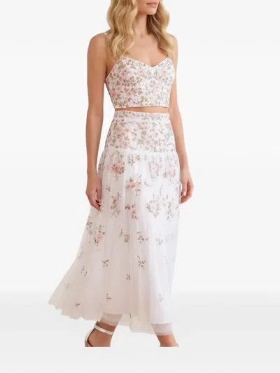 Needle & Thread Eden Rose Embroidered Midi Skirt In White
