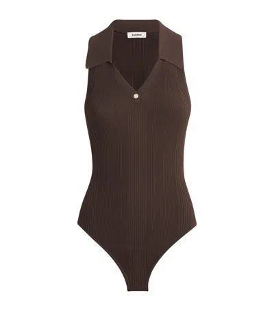 Sandro Womens Brown Ribbed Polo-collar Knitted Bodysuit