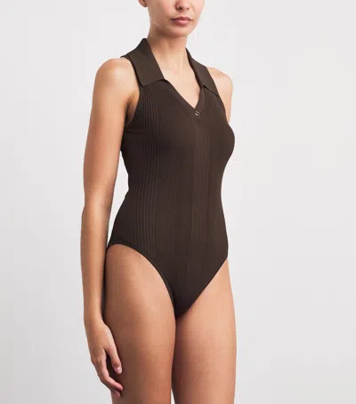 Sandro Womens Brown Ribbed Polo-collar Knitted Bodysuit