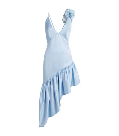 Sandro Paris Lyocell-linen Asymmetric Ruffle Midi Dress In Blue