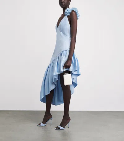 Sandro Paris Lyocell-linen Asymmetric Ruffle Midi Dress In Blue
