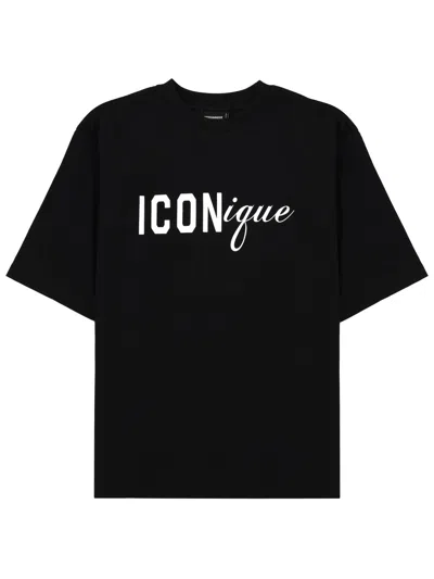 Dsquared2 Black T-shirt Iconique Loose Fit With Round Neck And Logo Print On The Front In Mens Cotton In Black
