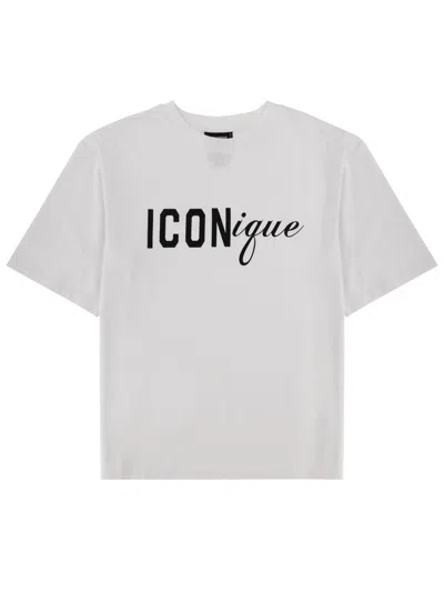 Dsquared2 Men White Crew Neck T-shirt With Raised Collar And Maxi Logo On The Front In Cotton Man In White