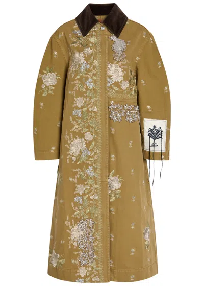 Erdem Embellished Corduroy-trimmed Embroidered Denim Coat In Brown