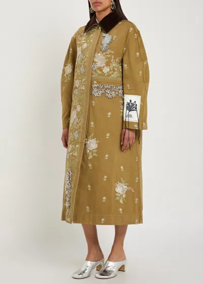 Erdem Embellished Corduroy-trimmed Embroidered Denim Coat In Brown