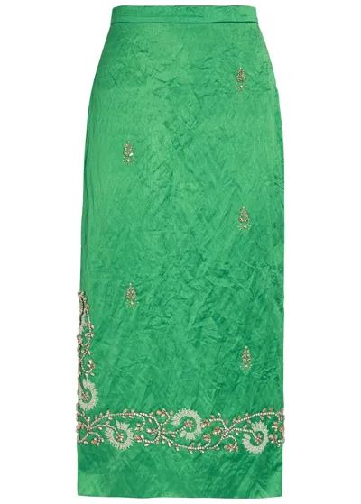 Erdem Womens Sea Green Embellished Textured Satin Pencil Midi Skirt