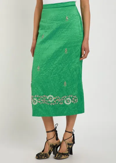 Erdem Womens Sea Green Embellished Textured Satin Pencil Midi Skirt