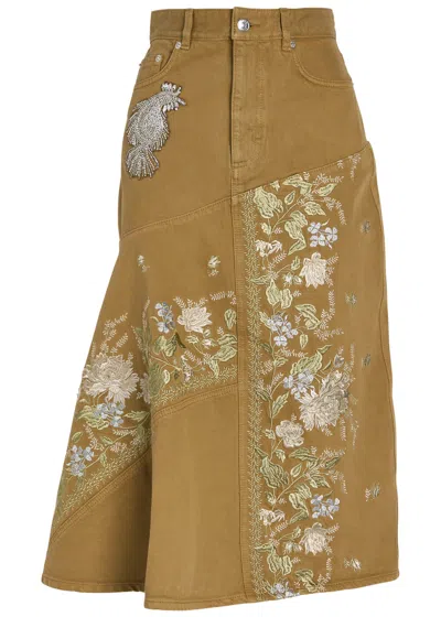 Erdem Embellished Embroidered Denim Midi Skirt In Brown