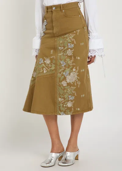 Erdem Embellished Embroidered Denim Midi Skirt In Brown