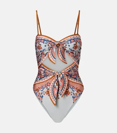 Zimmermann Aster Scarf Tie One-piece Swimsuit Blue Paisley Floral In Multi