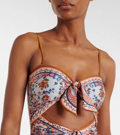 Zimmermann Aster Scarf Tie One-piece Swimsuit Blue Paisley Floral In Multi