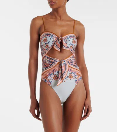 Zimmermann Aster Scarf Tie One-piece Swimsuit Blue Paisley Floral In Multi