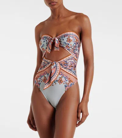 Zimmermann Aster Scarf Tie One-piece Swimsuit Blue Paisley Floral In Multi