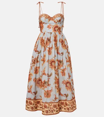 Zimmermann Womens Blue Jacobean Aster Corseted Printed Cotton Midi Dress In Multi