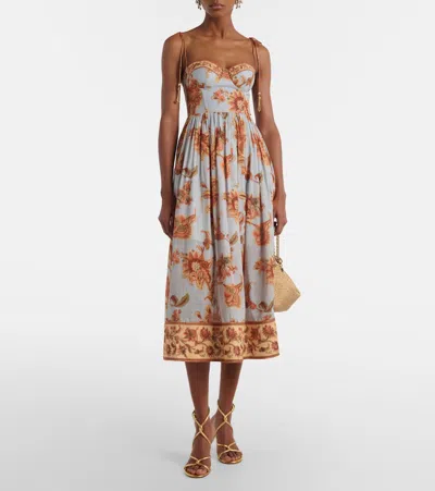 Zimmermann Womens Blue Jacobean Aster Corseted Printed Cotton Midi Dress In Multi