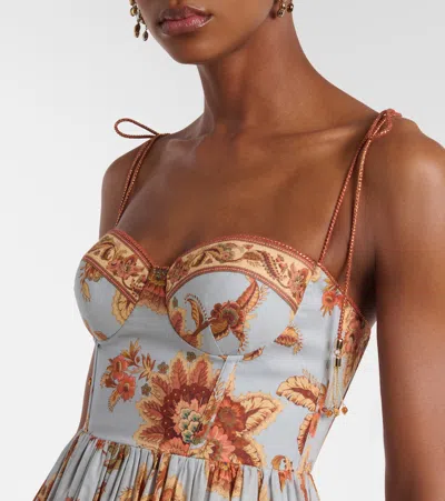 Zimmermann Womens Blue Jacobean Aster Corseted Printed Cotton Midi Dress In Multi