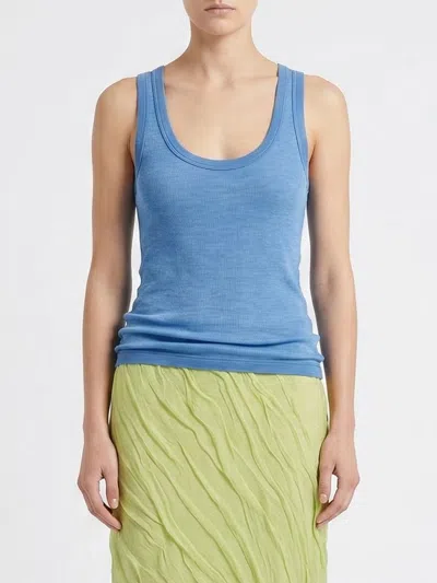 Versace Ribbed Silk-nylon Sleeveless Top With Subtle Logo In Blue