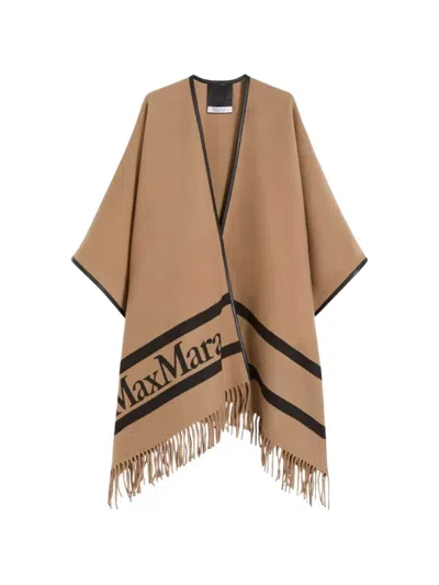 Max Mara Fringed Leather-trimmed Wool-jacquard Cape In Neutral