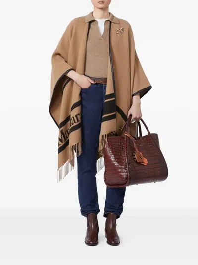 Max Mara Fringed Leather-trimmed Wool-jacquard Cape In Neutral