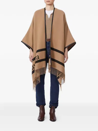 Max Mara Fringed Leather-trimmed Wool-jacquard Cape In Neutral