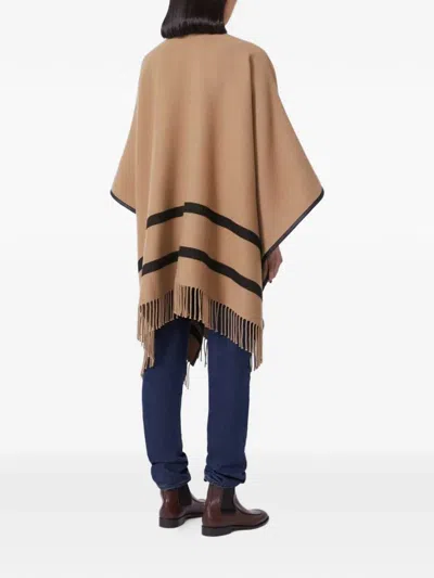 Max Mara Fringed Leather-trimmed Wool-jacquard Cape In Neutral