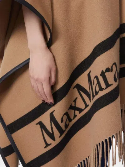 Max Mara Fringed Leather-trimmed Wool-jacquard Cape In Neutral