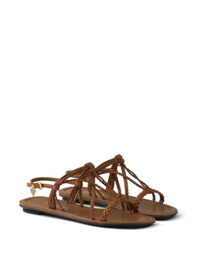 Prada Flat Leather Sandals In Brown