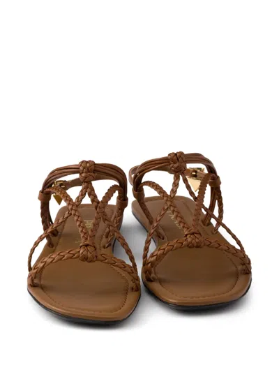 Prada Flat Leather Sandals In Brown