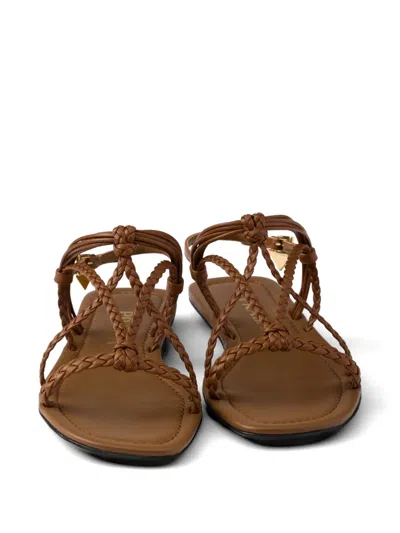 Prada Flat Leather Sandals In Brown
