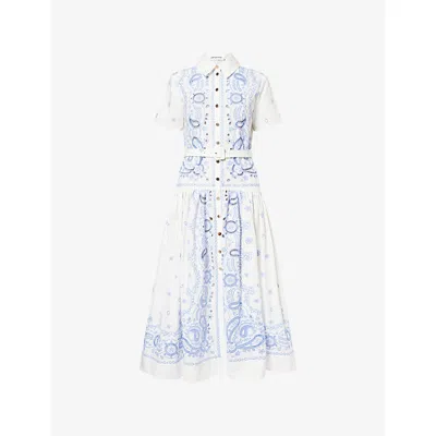 Self-portrait Embroidered Cotton Belted Midi Dress In Blue
