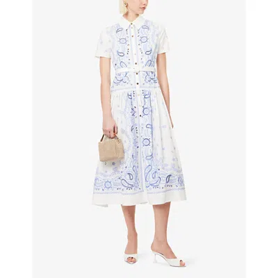 Self-portrait Embroidered Cotton Belted Midi Dress In Blue
