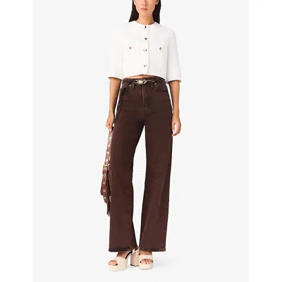 Maje Womens White Cropped Round-neck Linen-blend Jacket