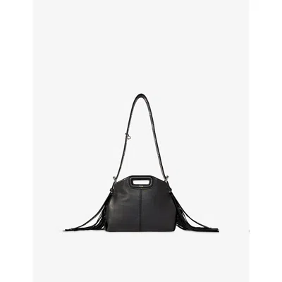 Maje Mini Miss M Fringe-trimmed Leather Shoulder Bag In Black