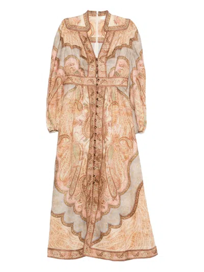Zimmermann Wanderlust Multicolor Long Dress With V Neck And All-over Paisley Motif In Linen Woman In Burgundy