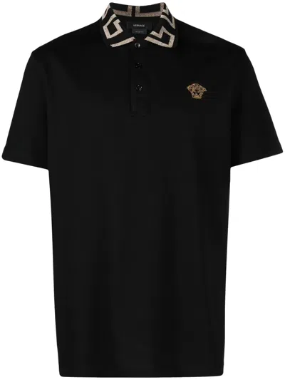 Versace Geometric Patterned Black Polo Shirt With Classic Placket
