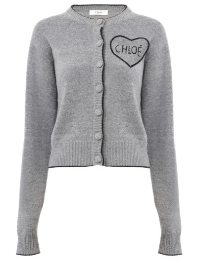 Chloé Fitted Cardigan With Logo In Wool And Cashmere Knit In Gray