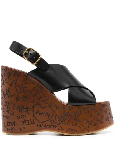Chloé Maxime Black Wedges With High Embossed High Wedge Heel And Crossover Strap On The Toe In Leather Wom In Black