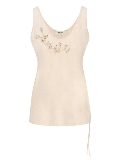 Fendi Sleeveless Embroidered Scoop Neck Top In Pink