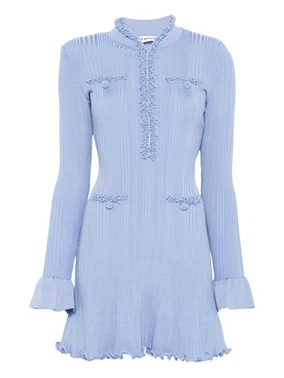 Self-portrait Faux Pearl-embellished Ribbed-knit Mini Dress In Blue