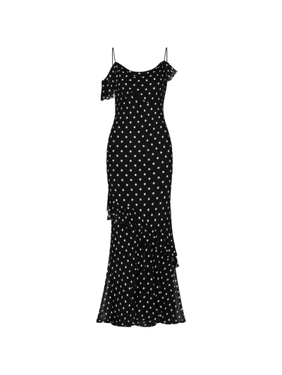Self-portrait Long Dress Black Polka Dot With V-neck In Black Georgette For Women In Blue