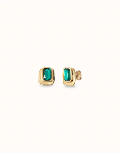 Unode50 Rectangular 18k Gold-plated Earrings With Green Crystal In Burgundy