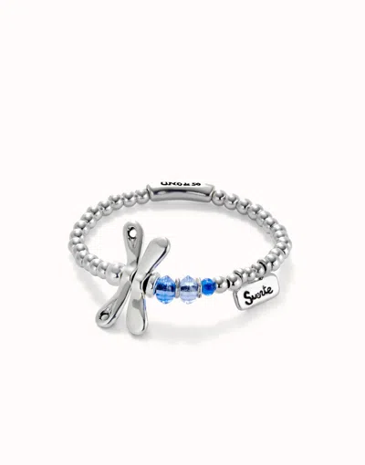 Unode50 Elastic Bracelet With Sterling Silver Plated Dragonfly With Blue Crystals In Metallic