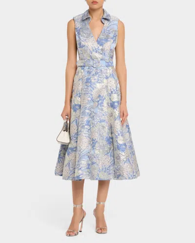 Aidan Mattox Hydrangea Floral Jacquard Collared Midi Dress In Blue Multi
