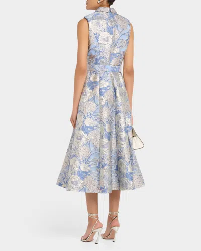 Aidan Mattox Hydrangea Floral Jacquard Collared Midi Dress In Blue Multi