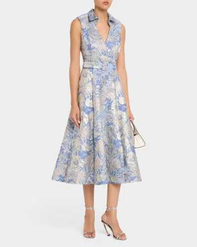 Aidan Mattox Hydrangea Floral Jacquard Collared Midi Dress In Blue Multi