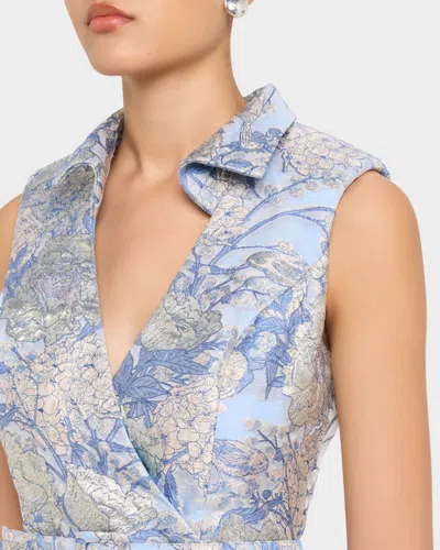 Aidan Mattox Hydrangea Floral Jacquard Collared Midi Dress In Blue Multi