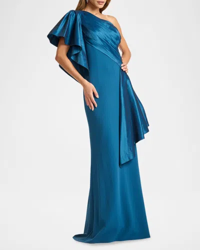 Tadashi Shoji Draped One-shoulder Taffeta Crepe Gown In Blue