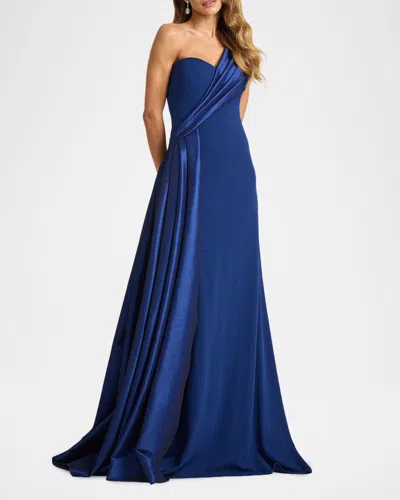 Tadashi Shoji One-shoulder Draped Crepe Gown In Blue
