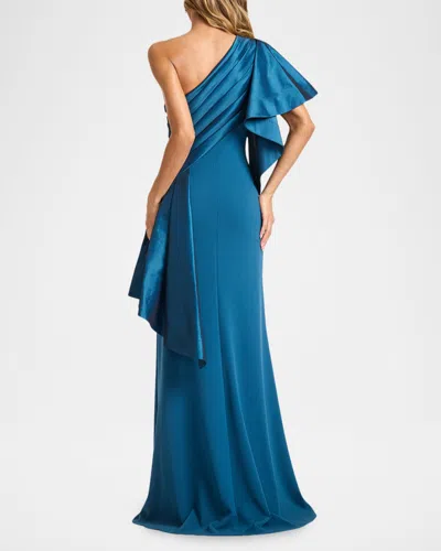 Tadashi Shoji Draped One-shoulder Taffeta Crepe Gown In Blue
