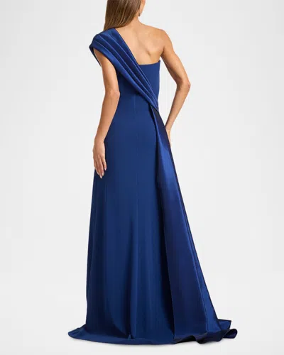 Tadashi Shoji One-shoulder Draped Crepe Gown In Blue
